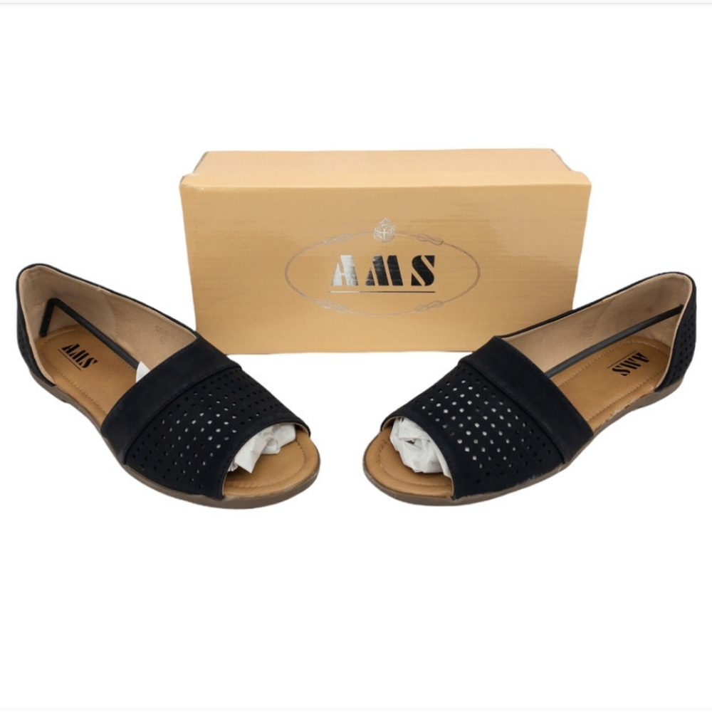 AMS Black Perforated Oscar D'Orsay Laser Cutout Round Open Toe Flats 8.5